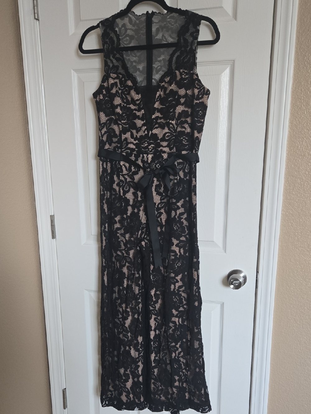 MARINA Black Lace Romper with Nude Lining